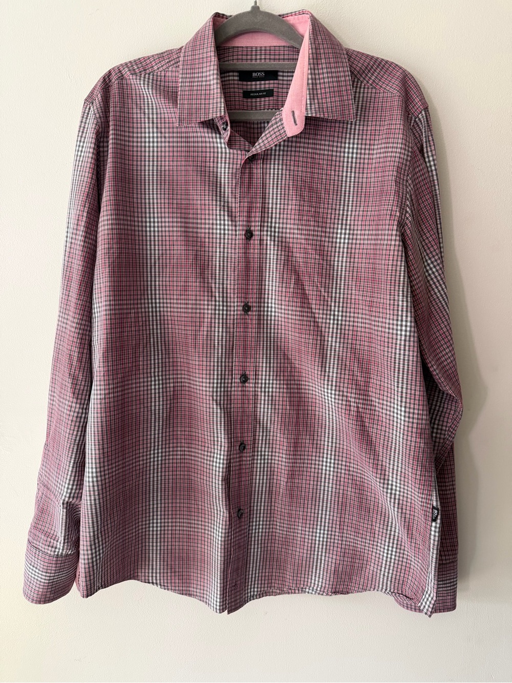 Hugo Boss Pink and White Micro-Check Long-Sleeve Button-Down Shirt
